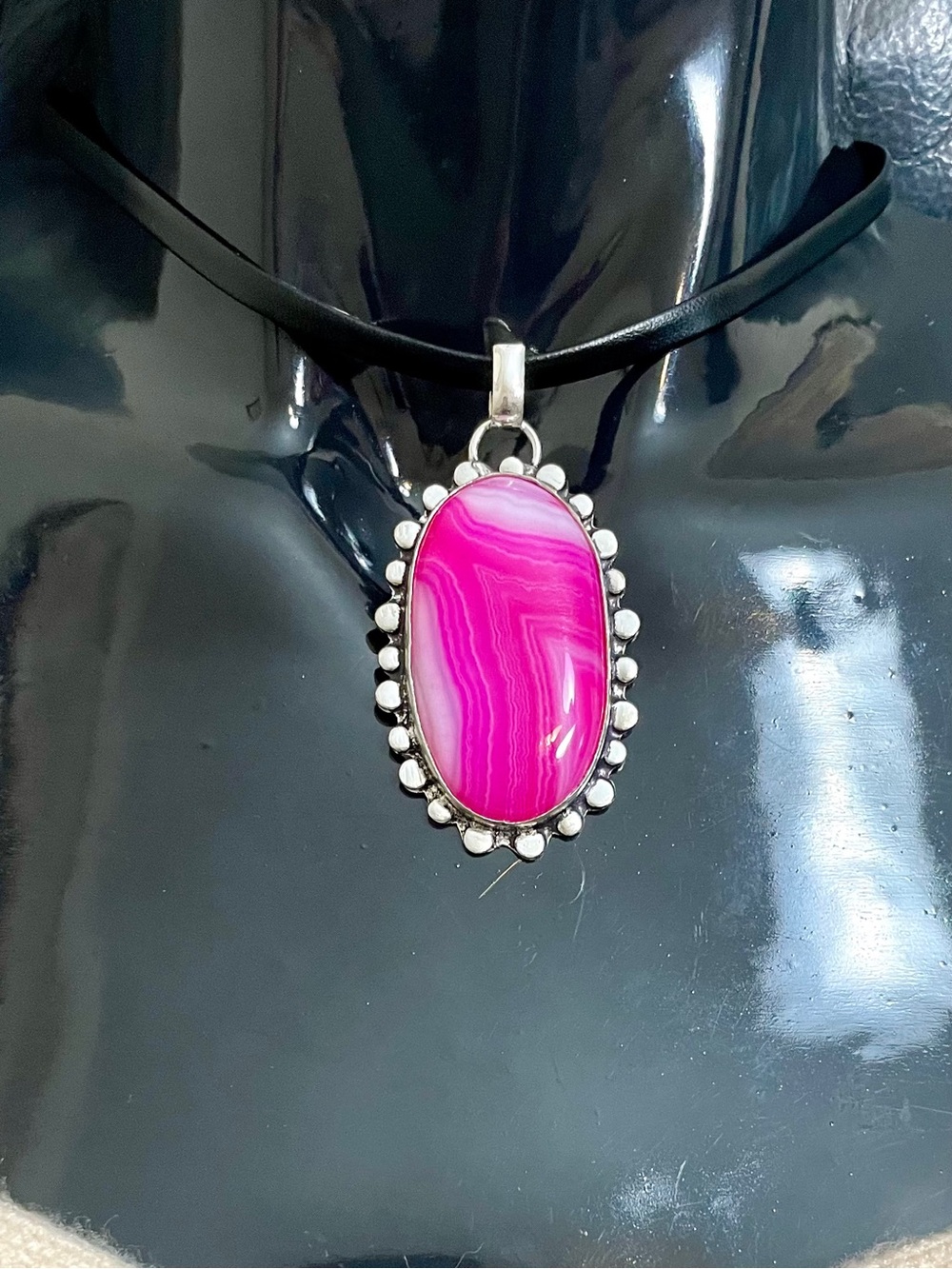 Pink Agate Pendant Leather Choker Statement Necklace in Sterling Silver Overlay